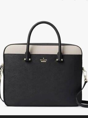 KATE SPADE Leather Laptop w/Strap, Black and Beige Trim